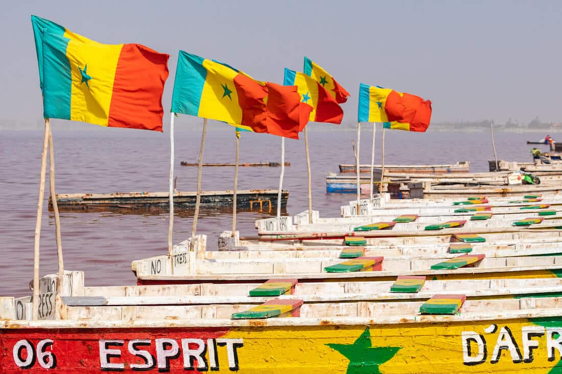 Boats on red Lake in Senegal