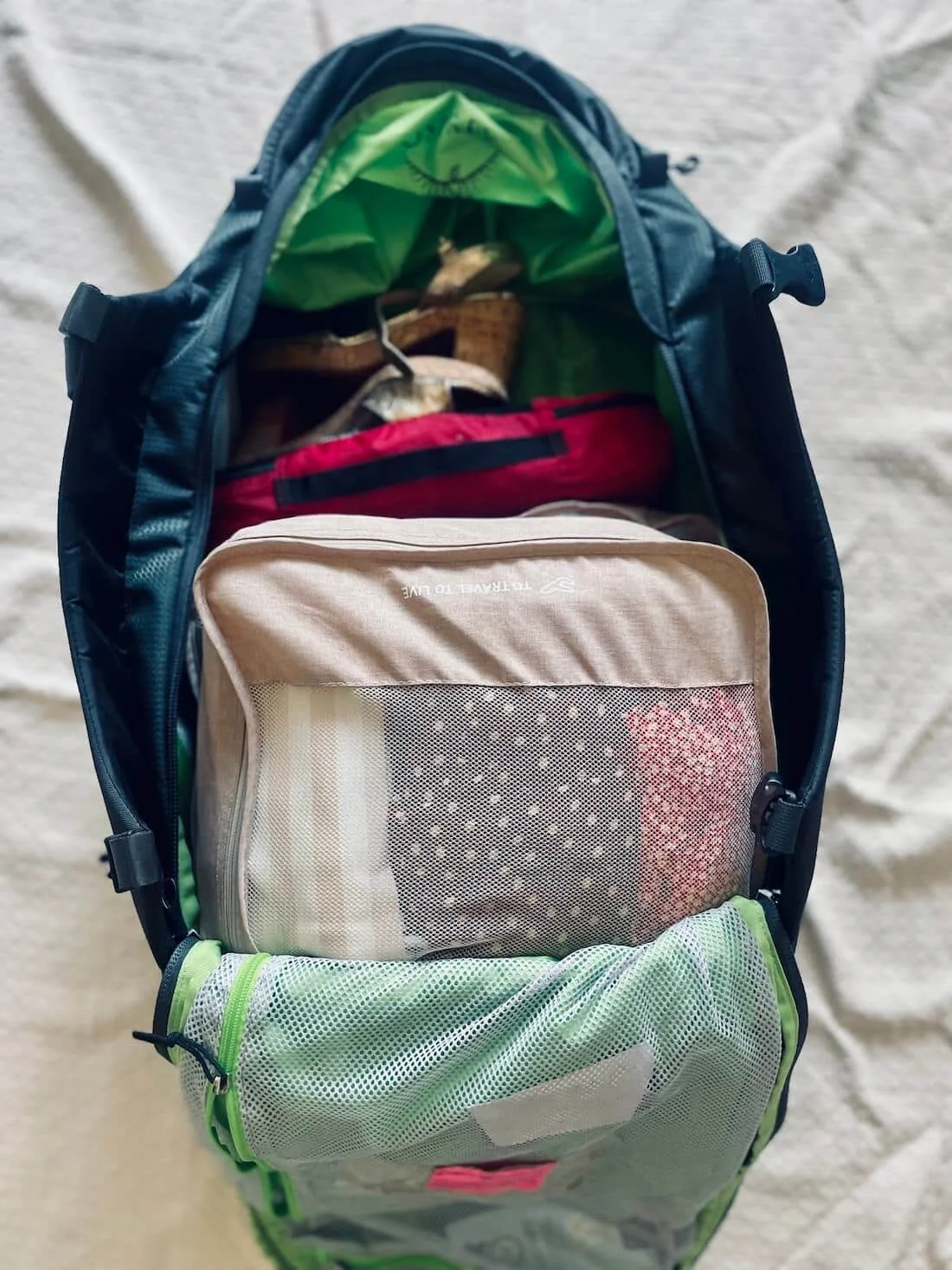 backpack open with packing cubes